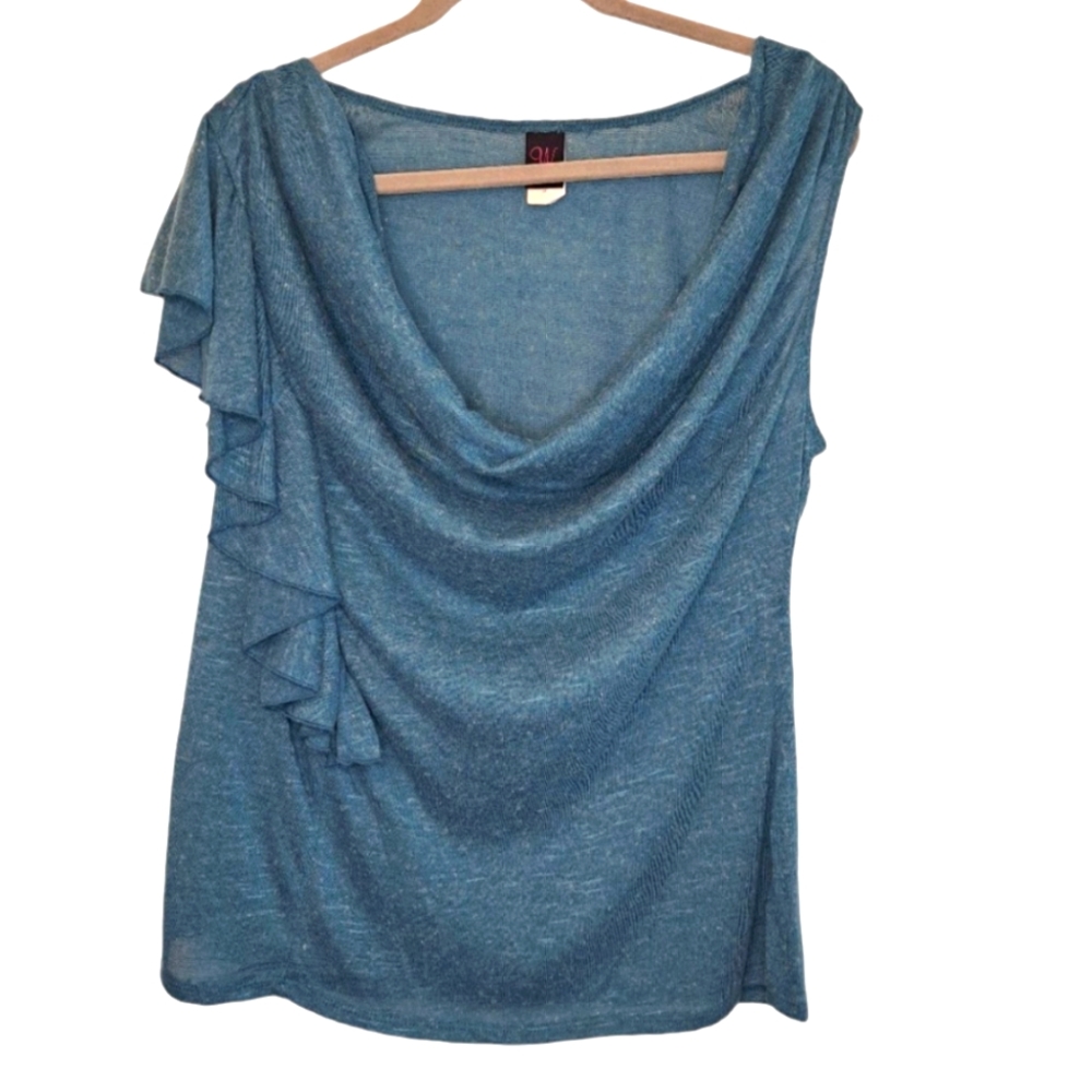 Wrapper Blue Real Cowl Neck Ruffle Blouse Top Plus Size 1X